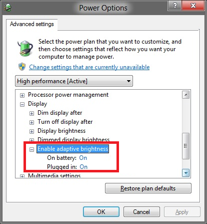 désactiver la luminosité adaptative sur Windows 8